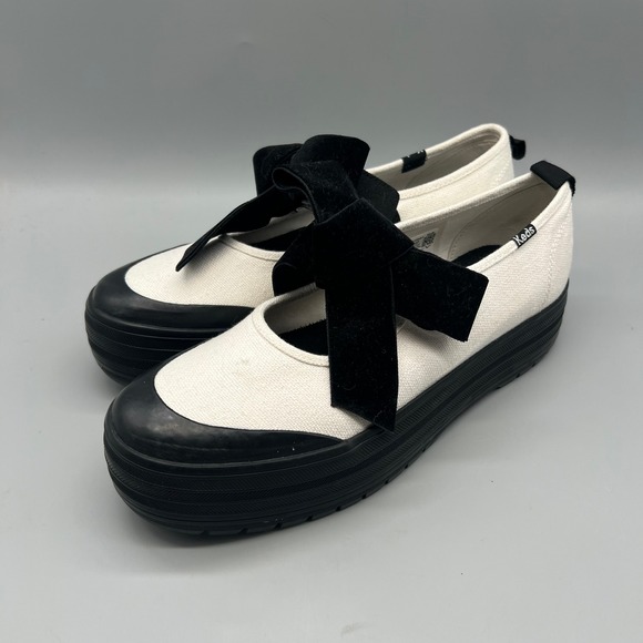 Keds Shoes - Keds Triple Up Mary Jane Platform Sneakers White Canvas Black Velvet Bow WF68249